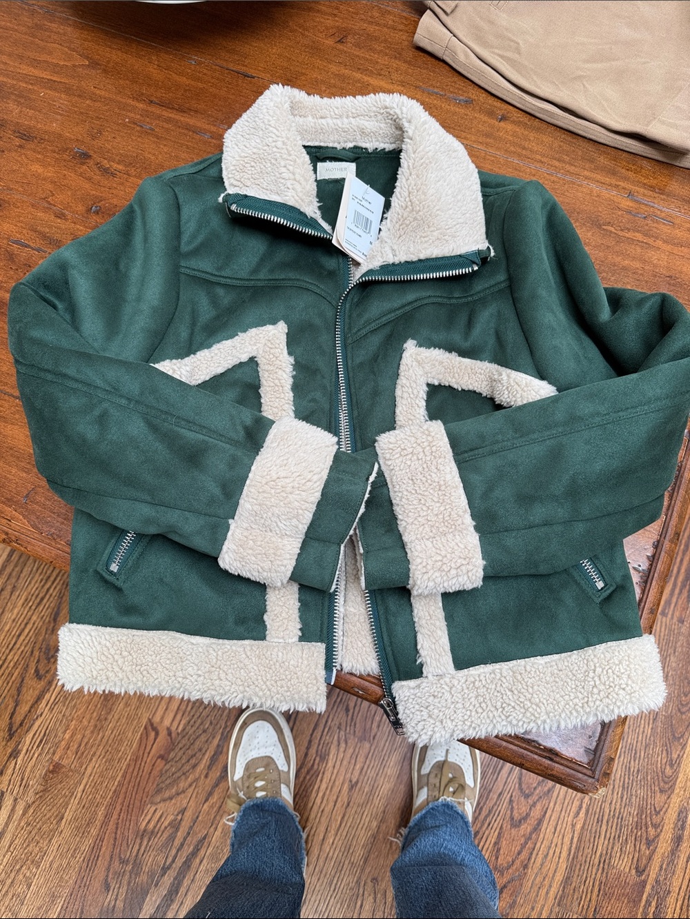MOTHER Forest Green Jacket with Cream Sherpa Trim